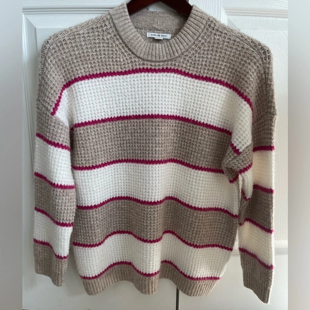 AEO Dreamspun Pink Cream Tan Oversized Stripe Sweater XS